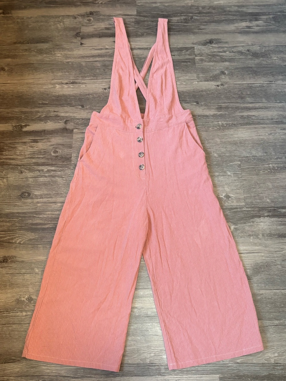 Button-Front Wide-Leg Pinstripe Jumpsuit size small